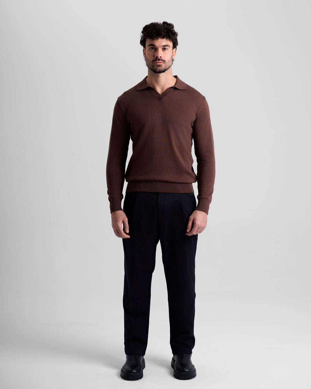 Long Sleeve Knit Polo - Brown