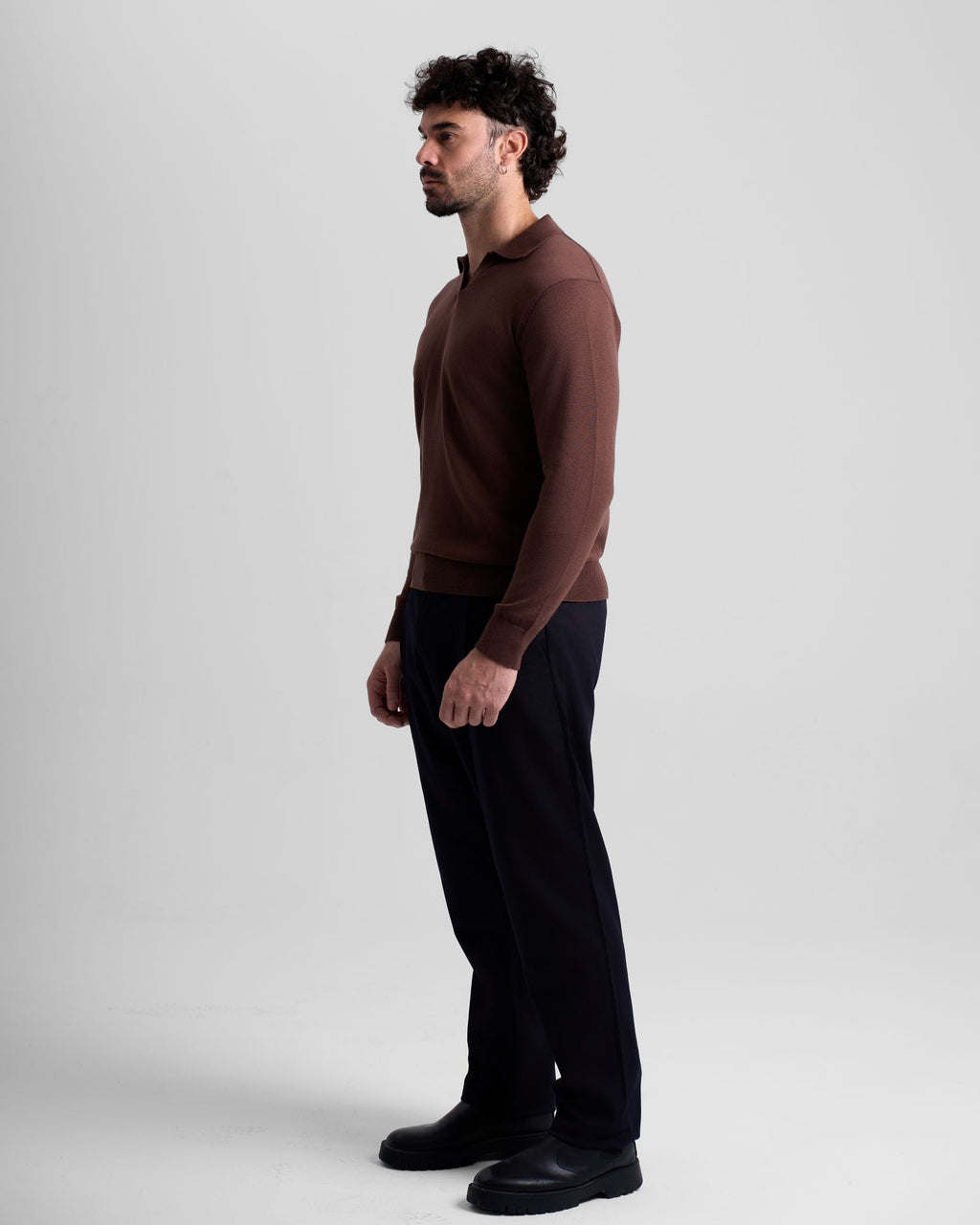 Long Sleeve Knit Polo - Brown