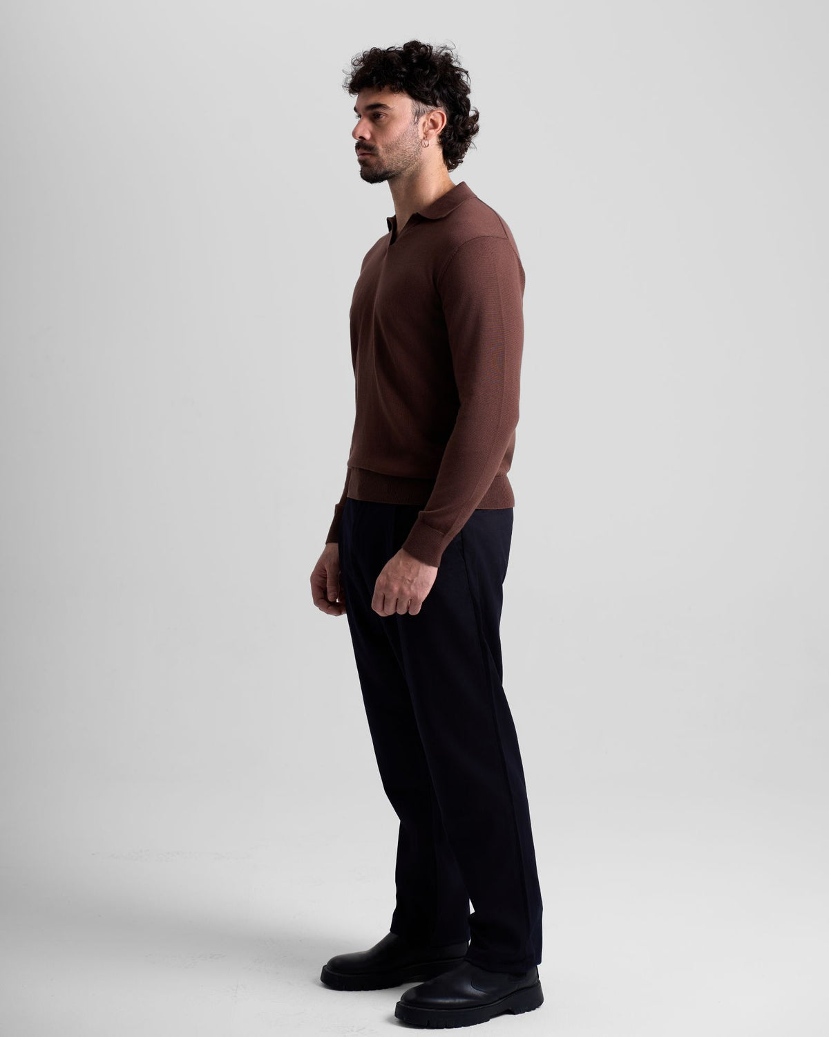 Long Sleeve Knit Polo - Brown
