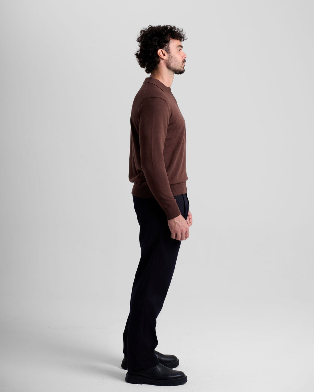 Long Sleeve Knit Polo - Brown