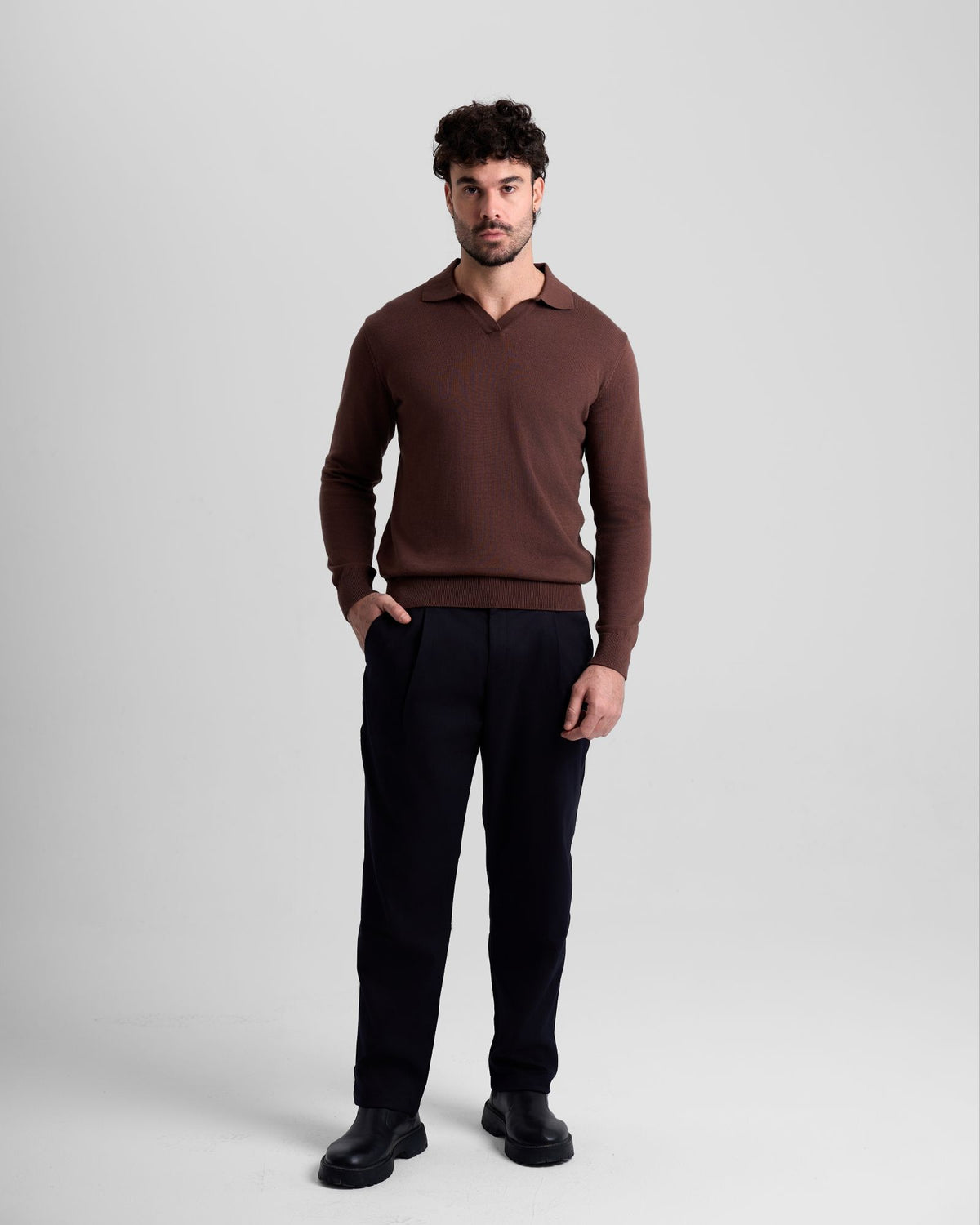 Long Sleeve Knit Polo - Brown