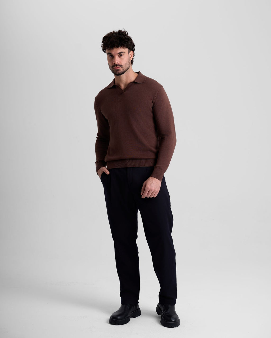 Long Sleeve Knit Polo - Brown