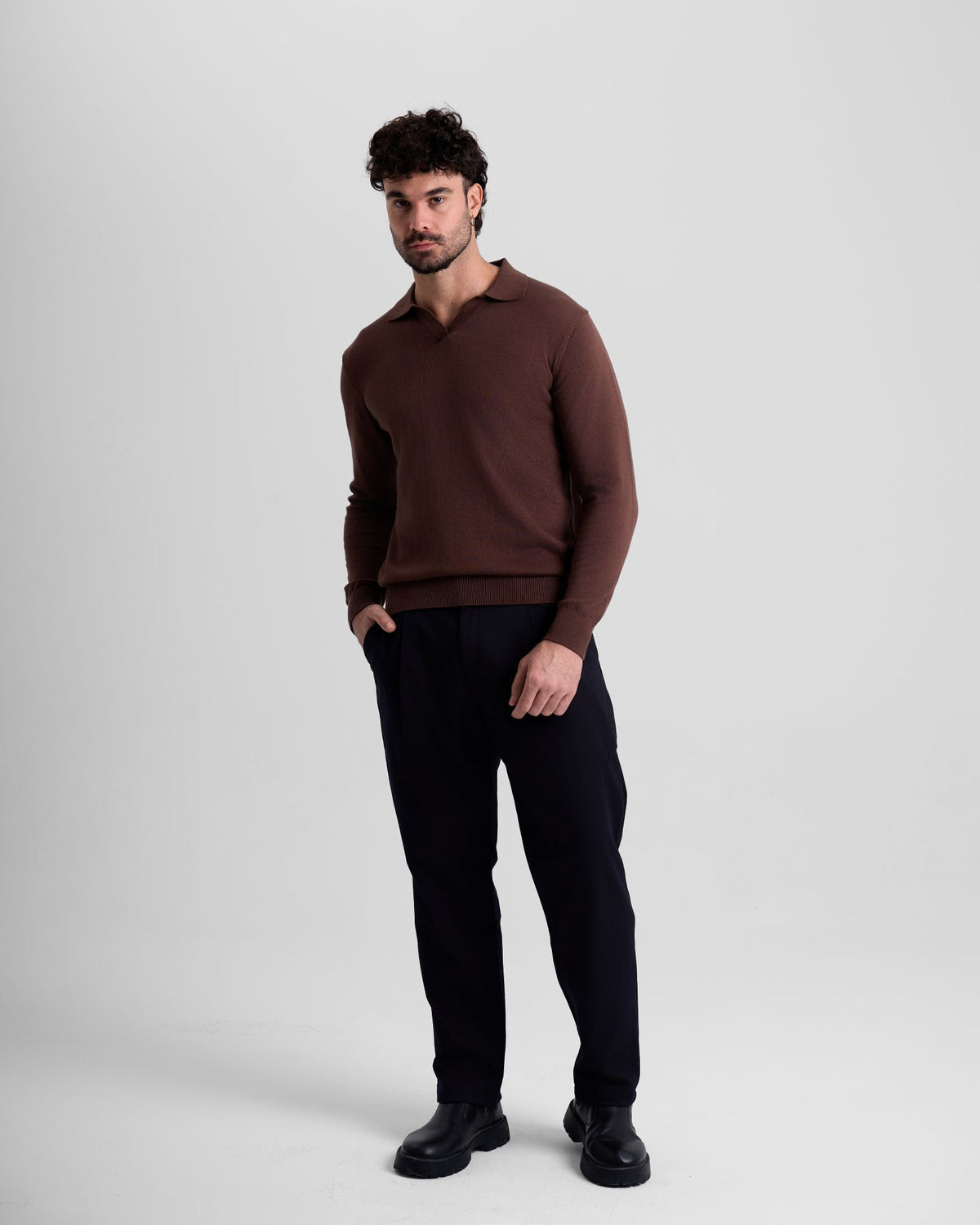 Long Sleeve Knit Polo - Brown