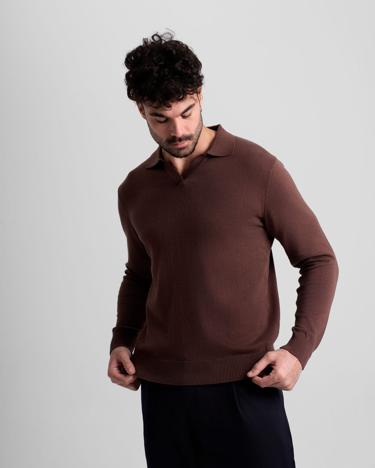 Long Sleeve Knit Polo - Brown