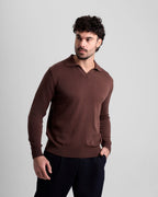 Long Sleeve Knit Polo - Brown