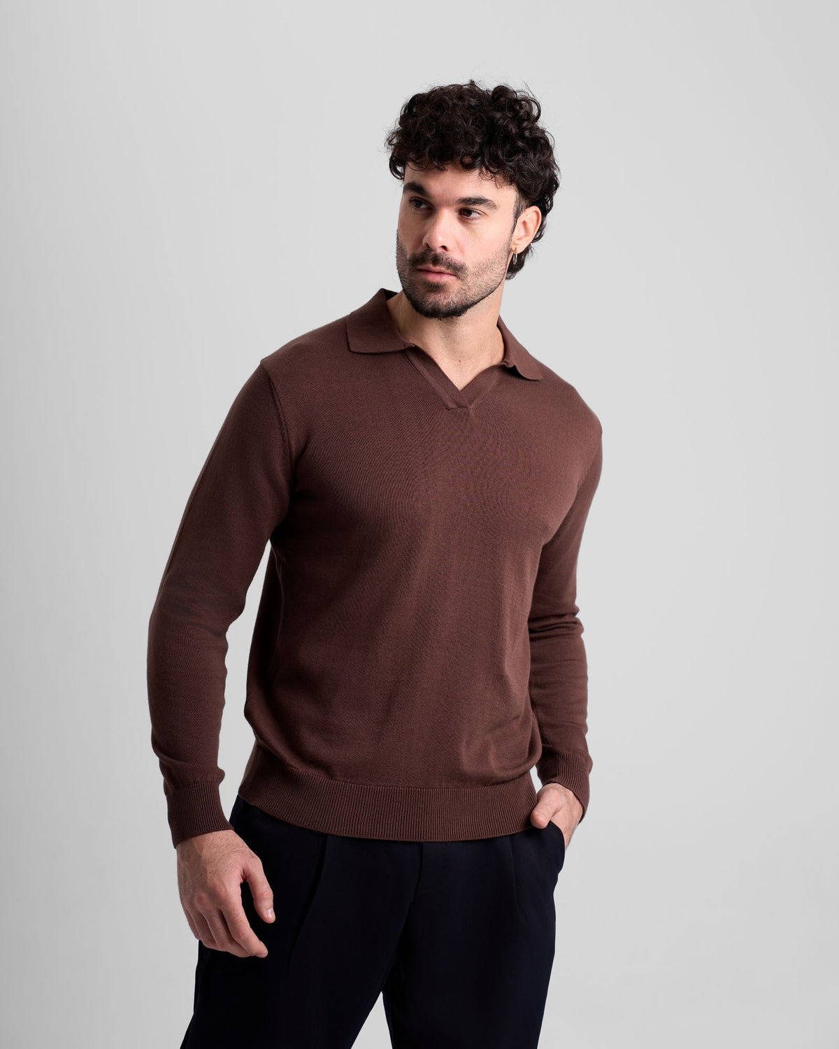 Long Sleeve Knit Polo - Brown