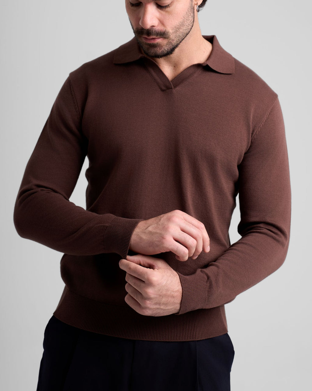 Long Sleeve Knit Polo - Brown