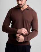 Long Sleeve Knit Polo - Brown