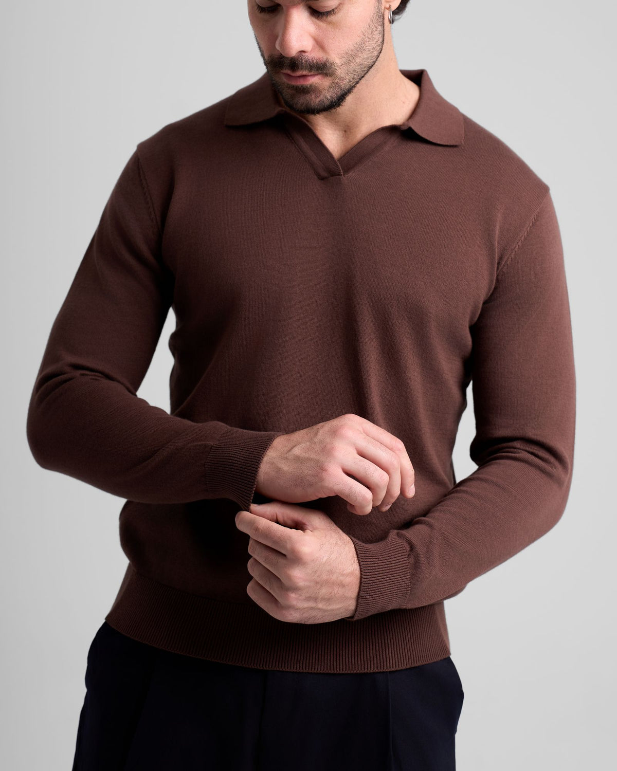 Long Sleeve Knit Polo - Brown