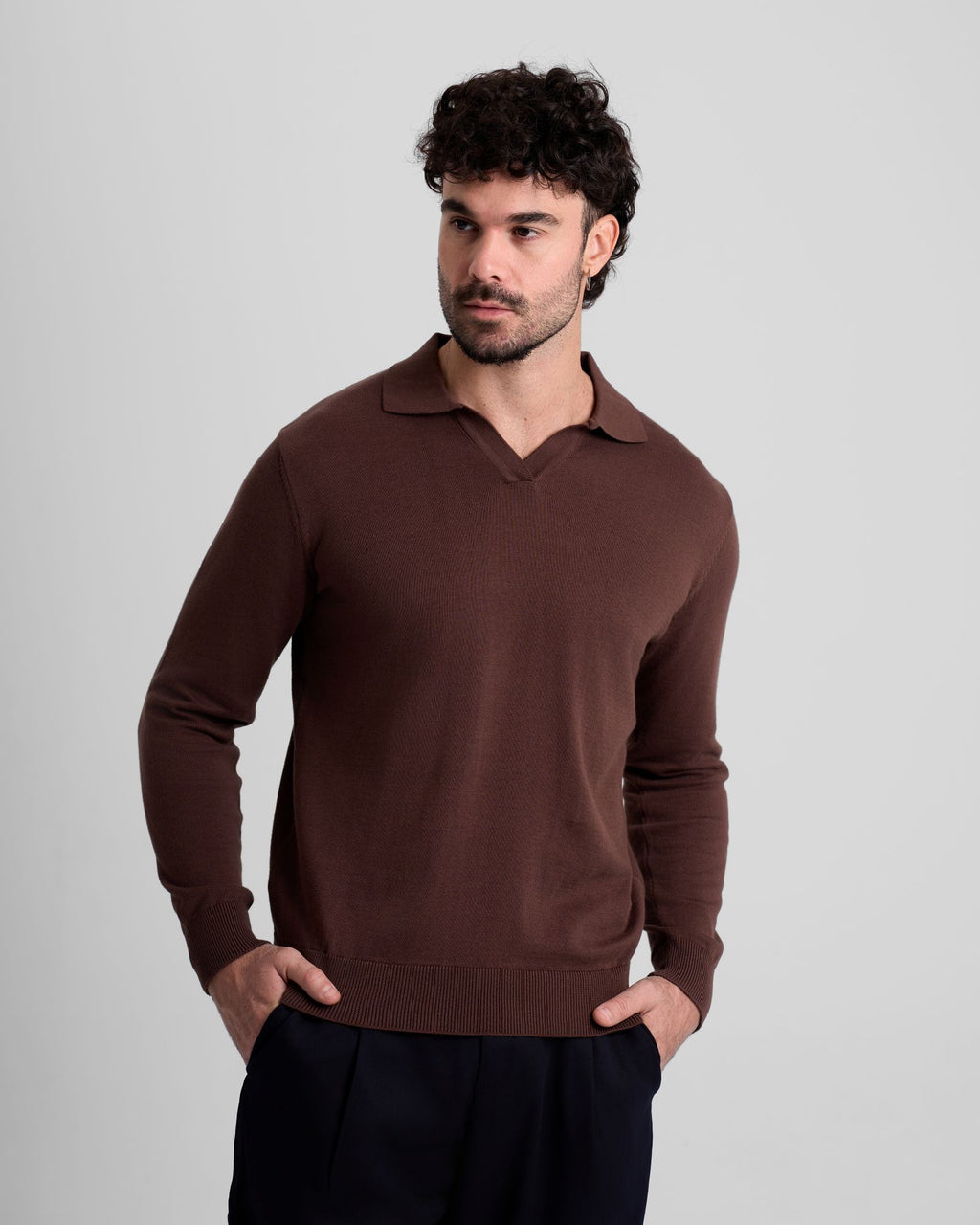 Long Sleeve Knit Polo - Brown