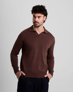 Long Sleeve Knit Polo - Brown