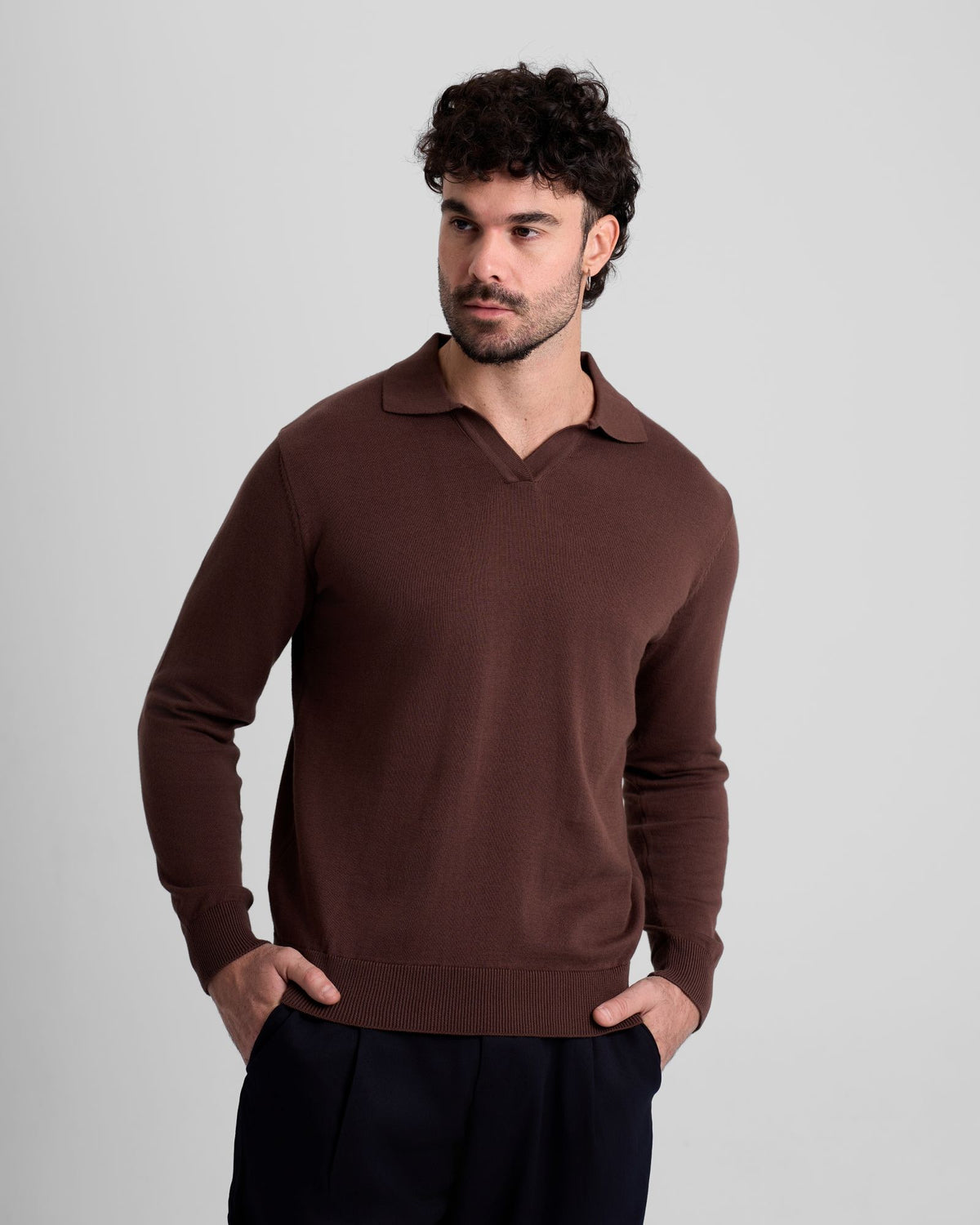 Long Sleeve Knit Polo - Brown