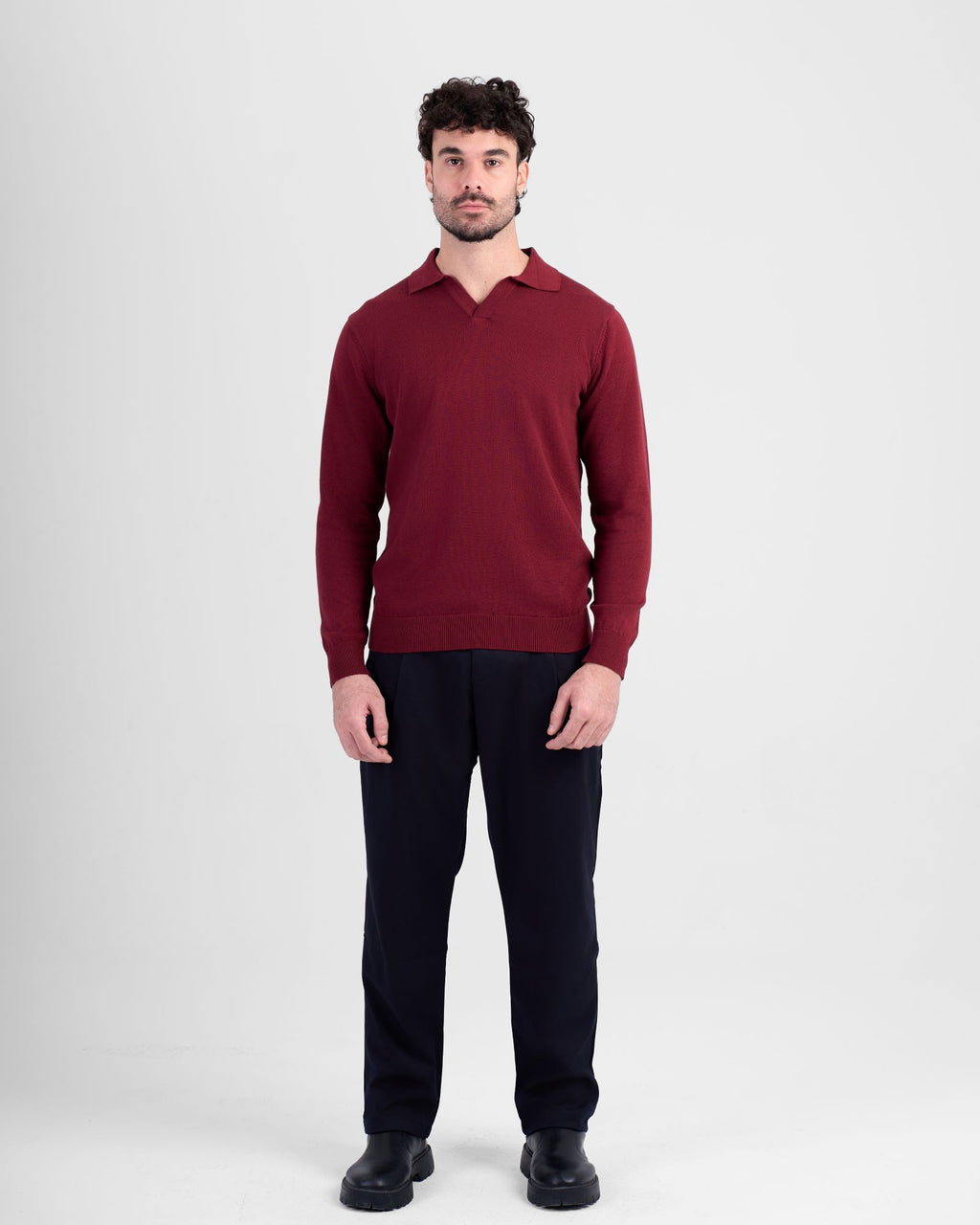 Long Sleeve Knit Polo - Burgundy