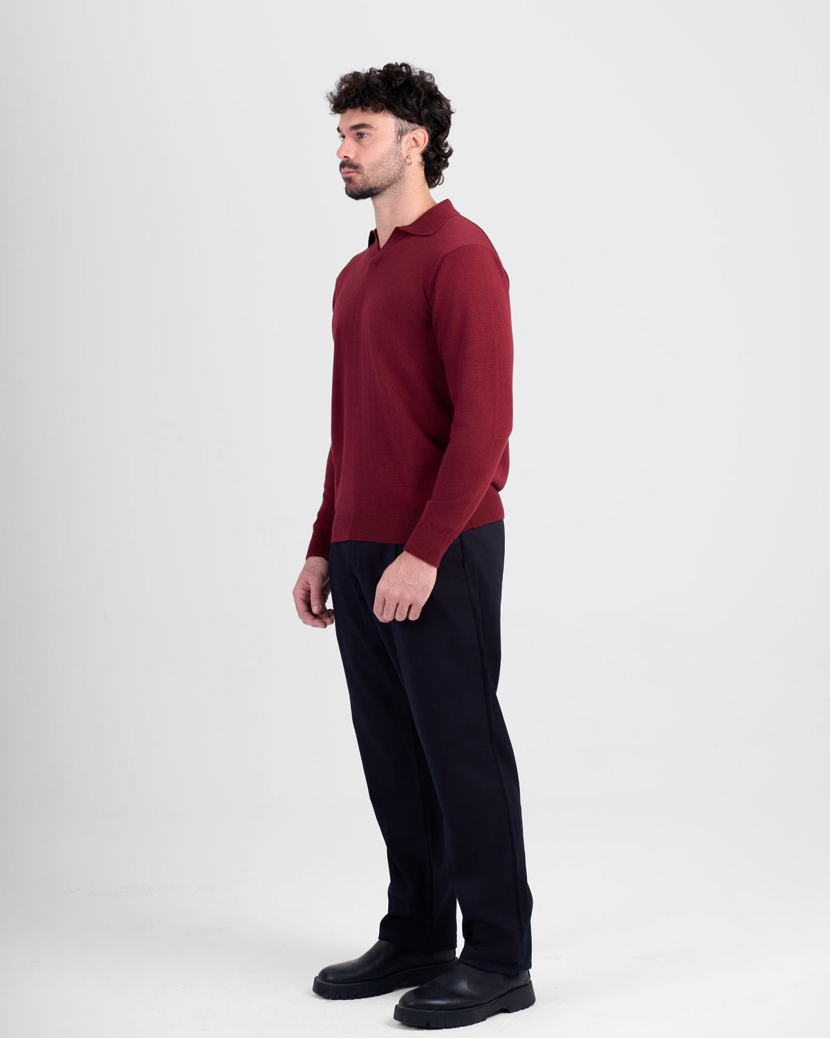Long Sleeve Knit Polo - Burgundy
