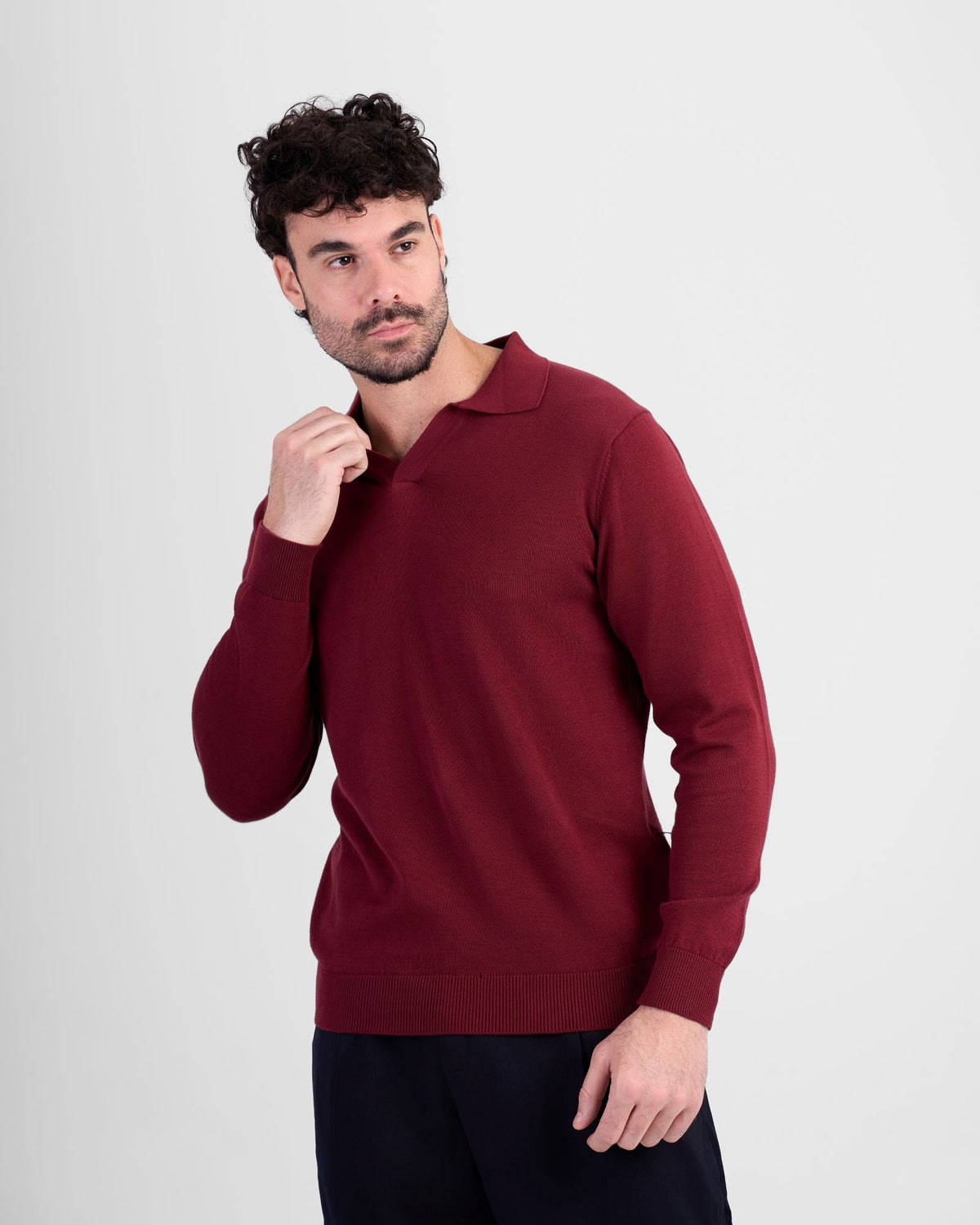 Long Sleeve Knit Polo - Burgundy