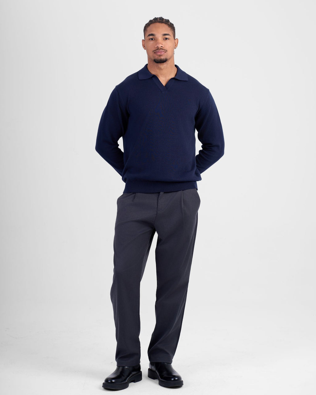 Long Sleeve Knit Polo - Navy