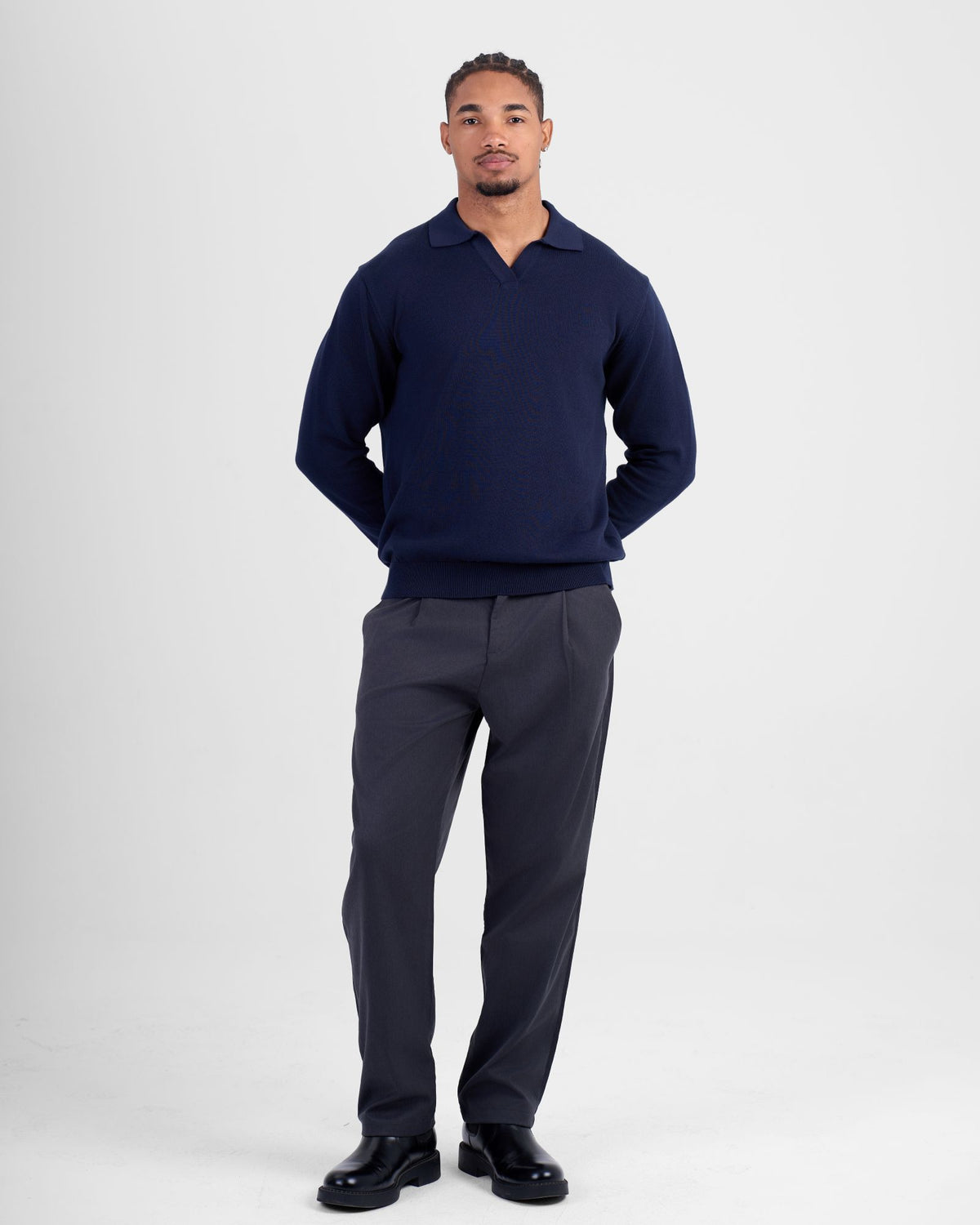 Long Sleeve Knit Polo - Navy