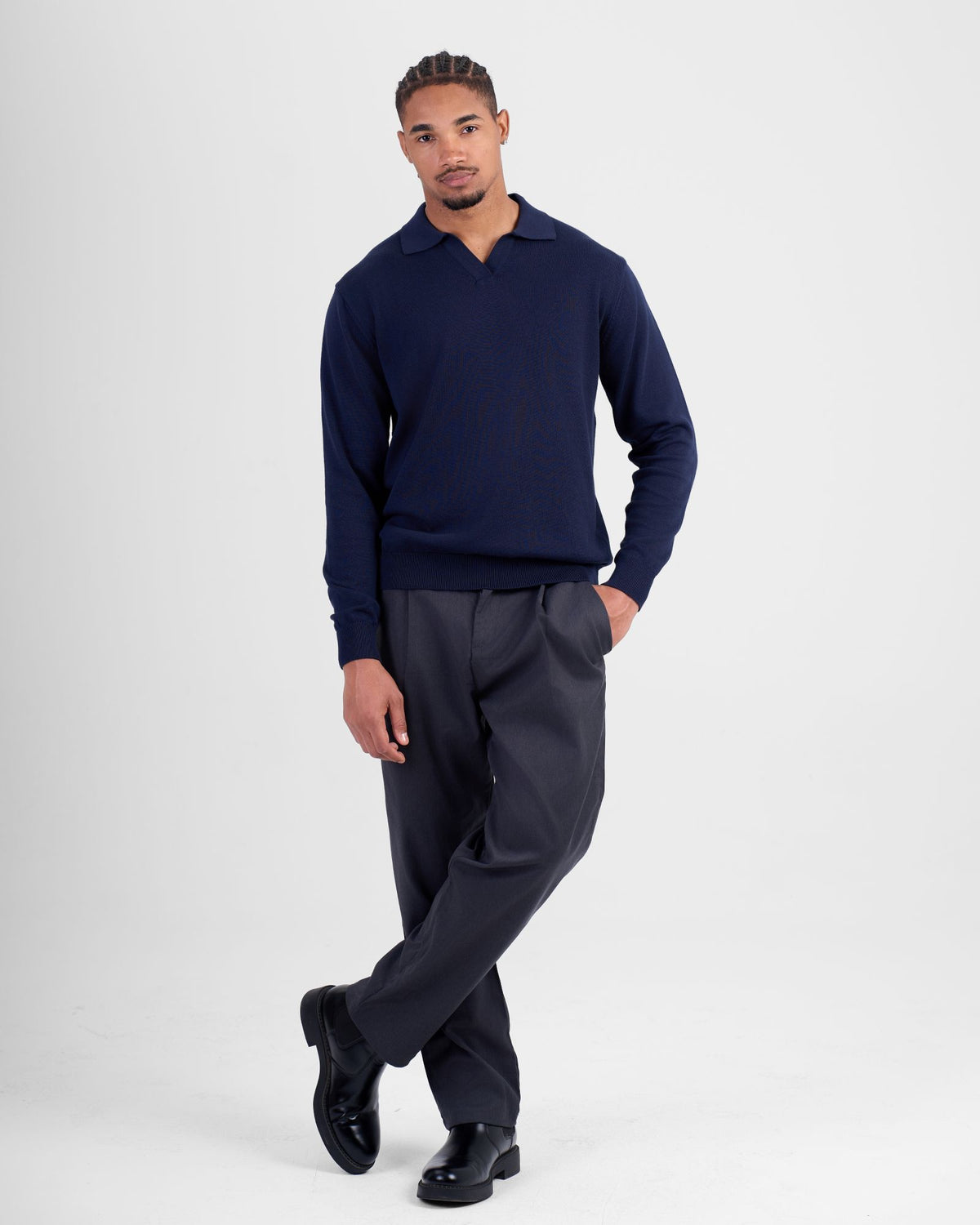 Long Sleeve Knit Polo - Navy
