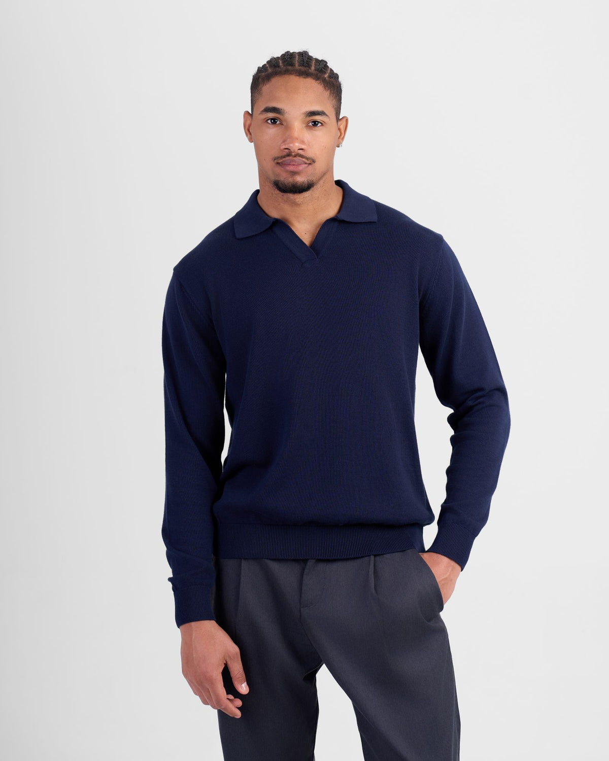 Long Sleeve Knit Polo - Navy