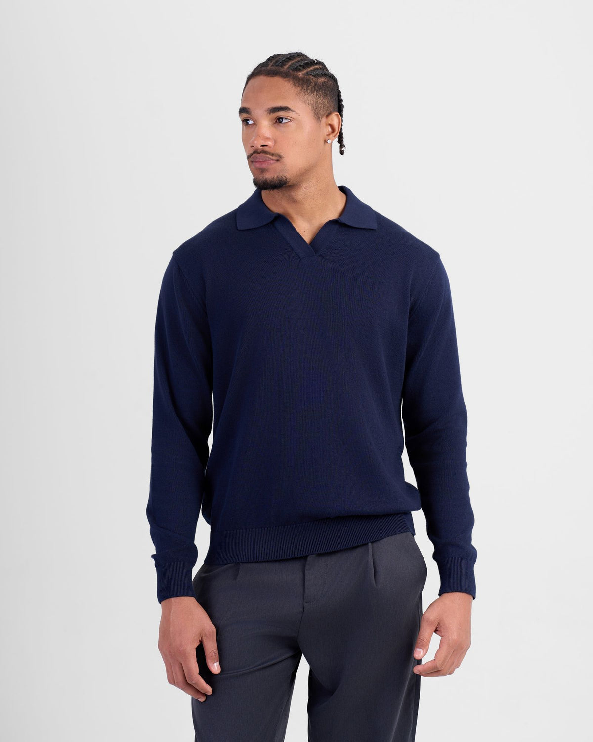Long Sleeve Knit Polo - Navy