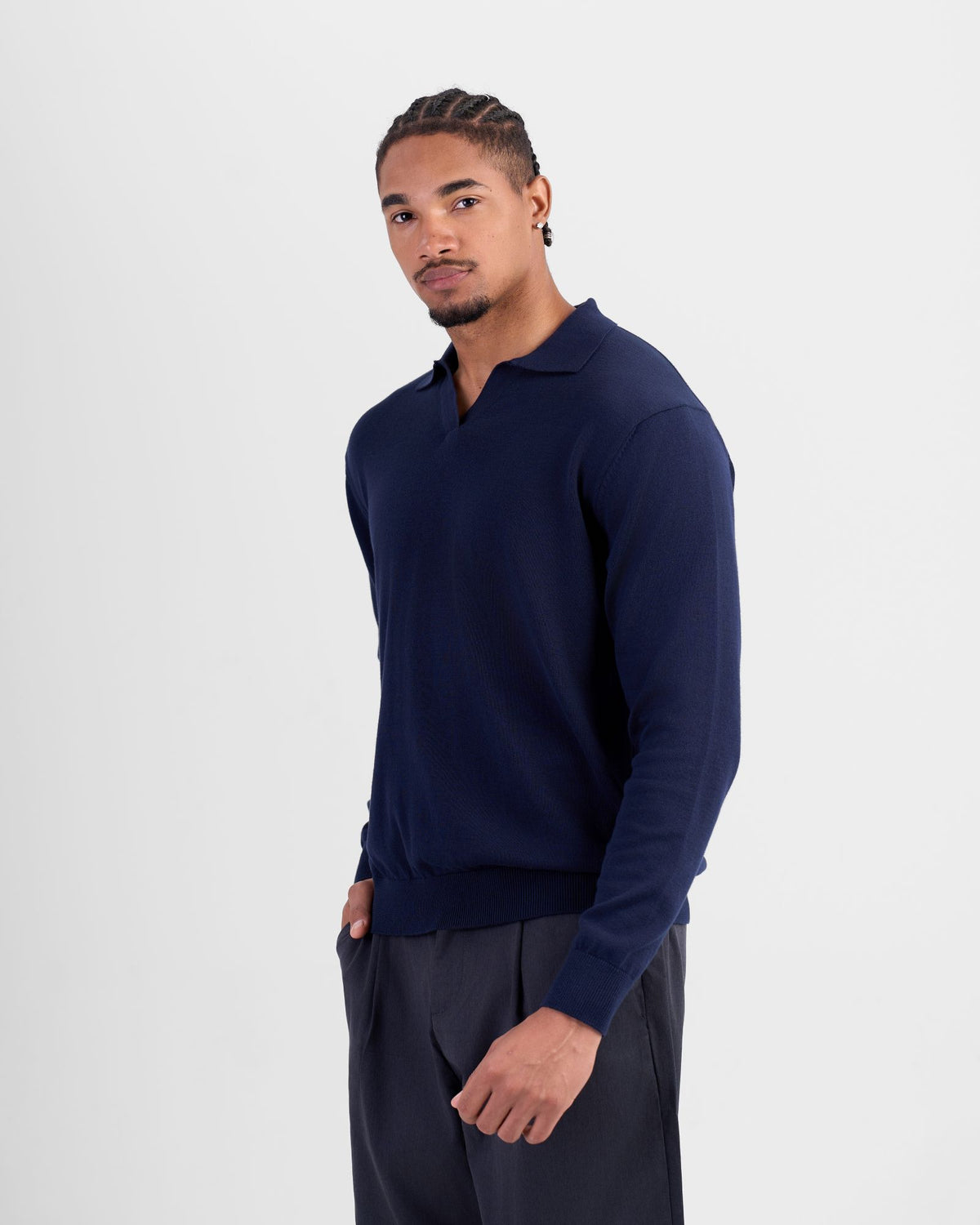 Long Sleeve Knit Polo - Navy