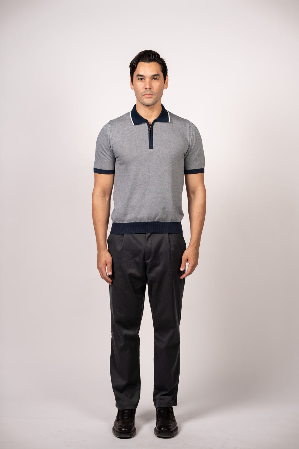 Patterned Knit Zipper Polo-Navy