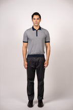 Patterned Knit Zipper Polo-Navy
