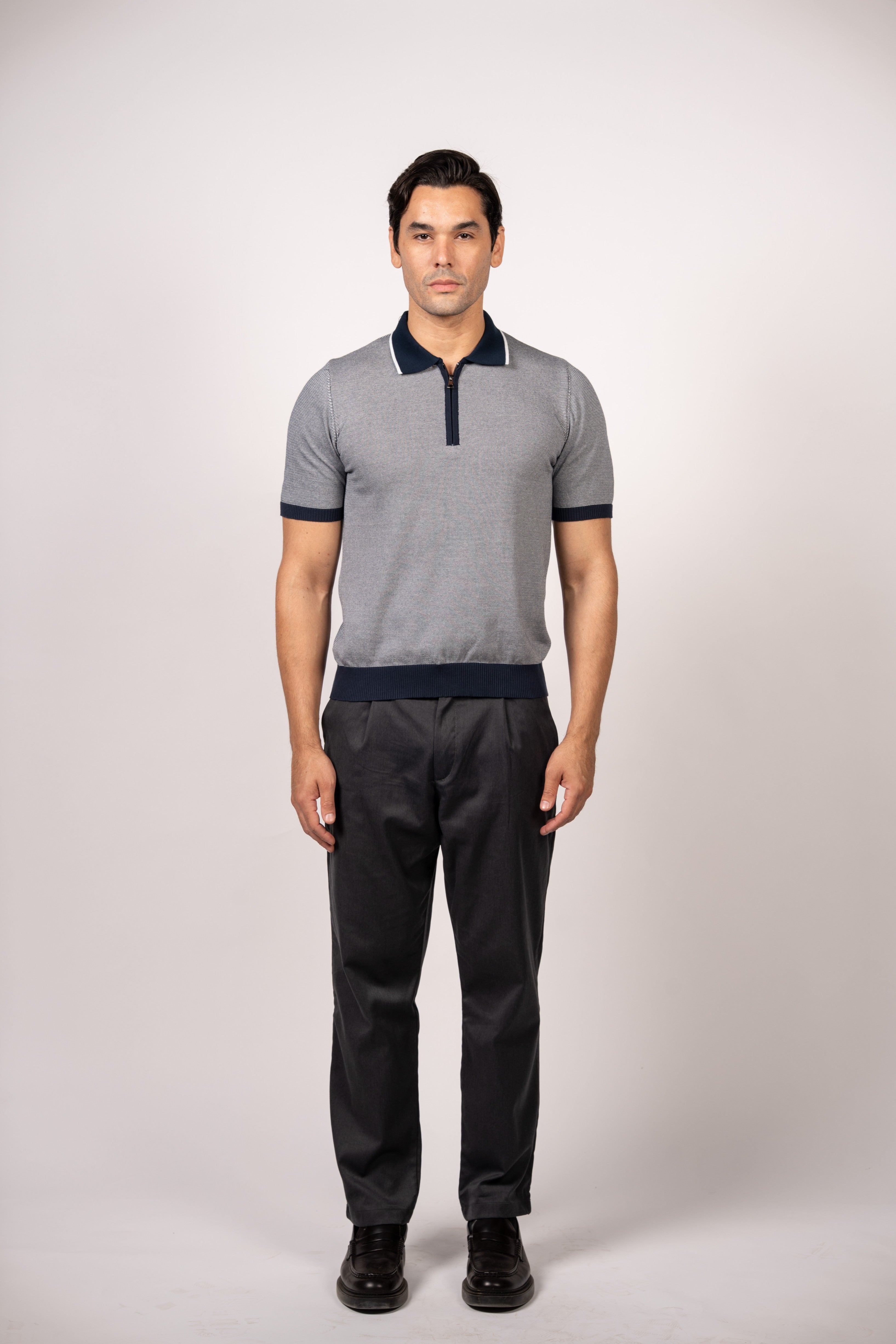 Patterned Knit Zipper Polo-Navy