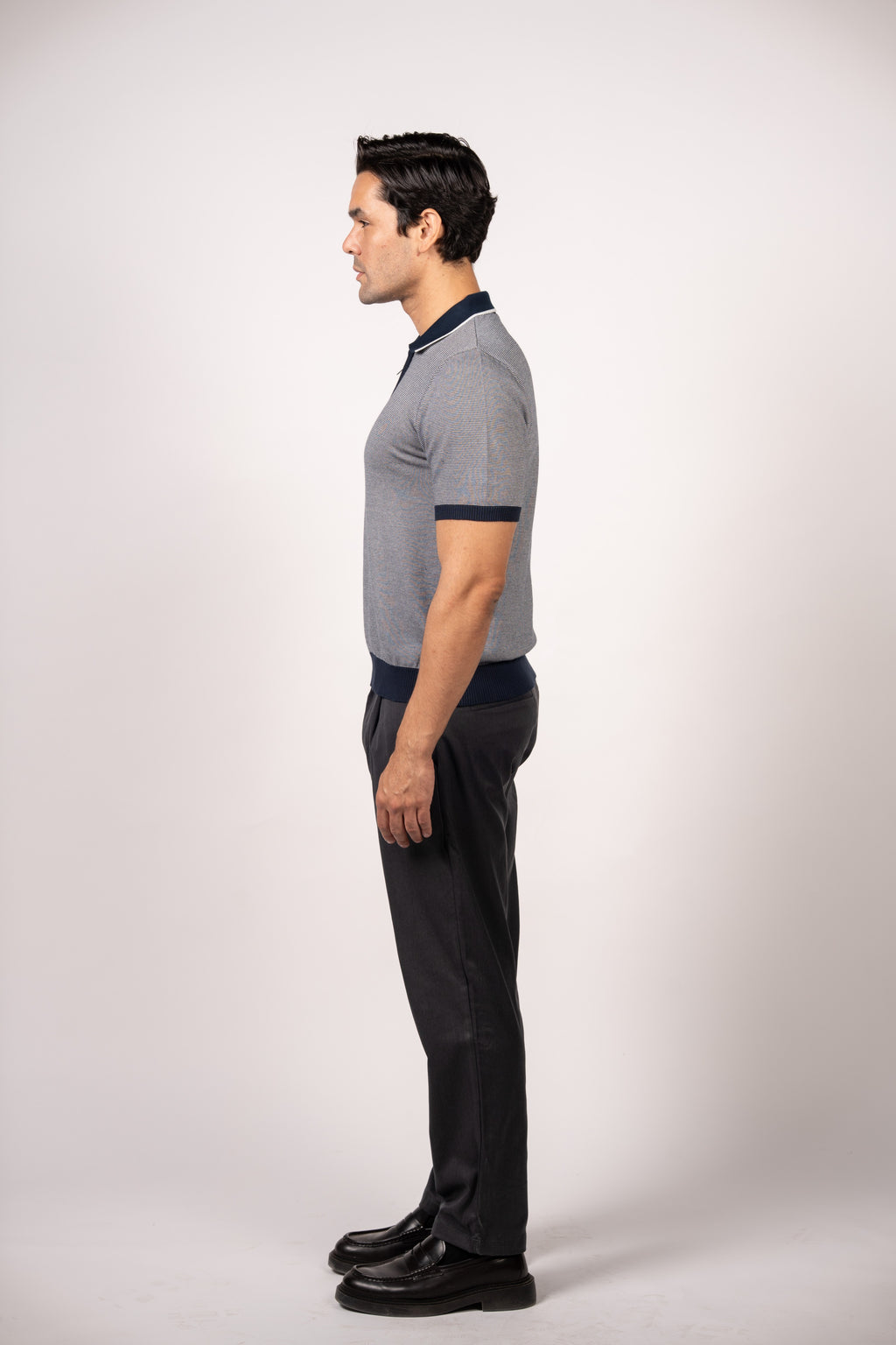 Patterned Knit Zipper Polo-Navy