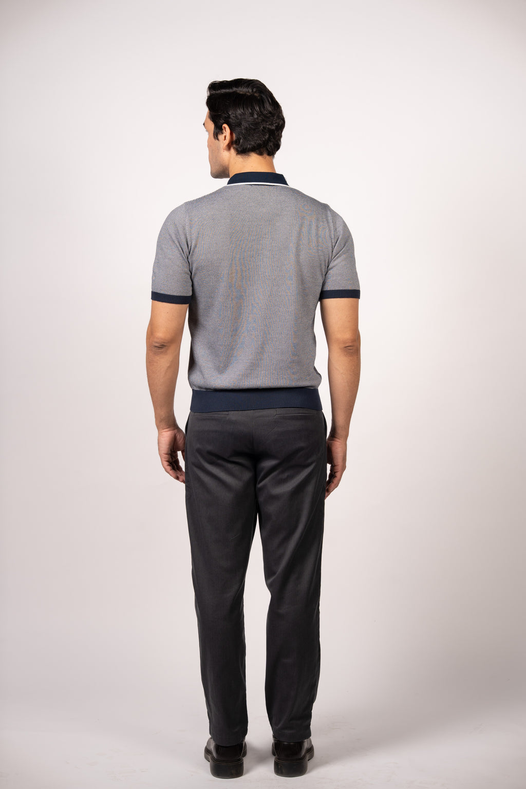 Patterned Knit Zipper Polo-Navy