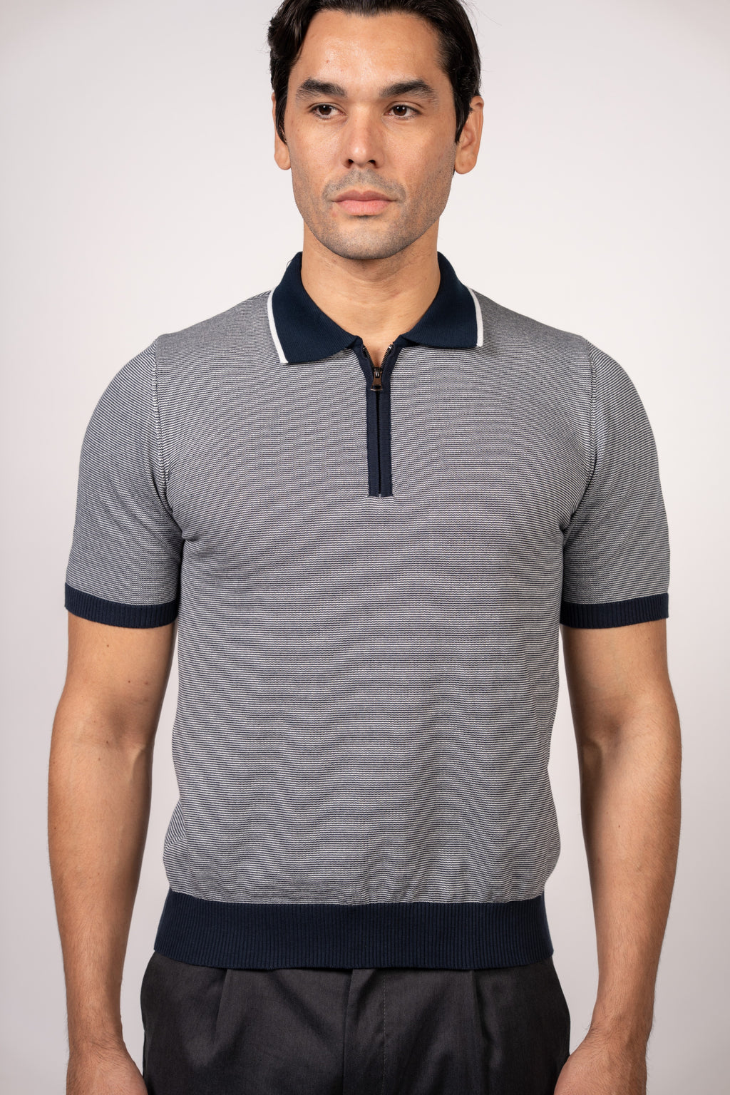 Patterned Knit Zipper Polo-Navy