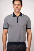 Patterned Knit Zipper Polo-Navy