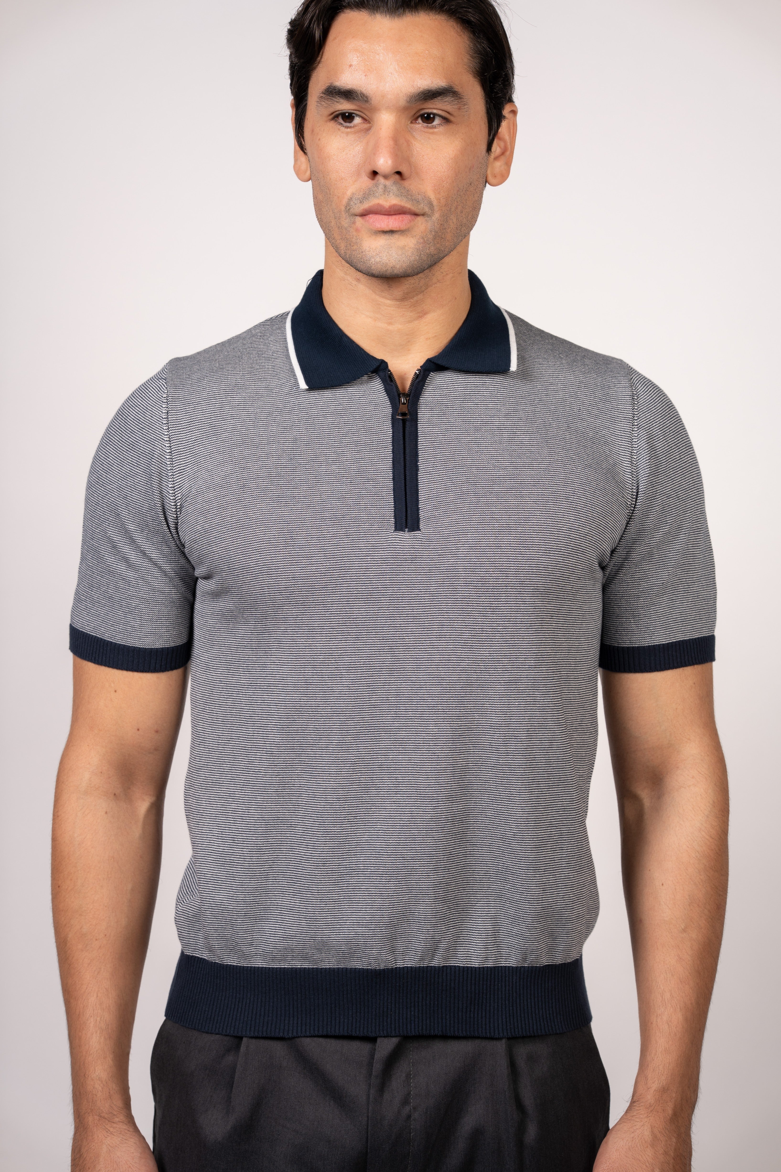 Patterned Knit Zipper Polo-Navy