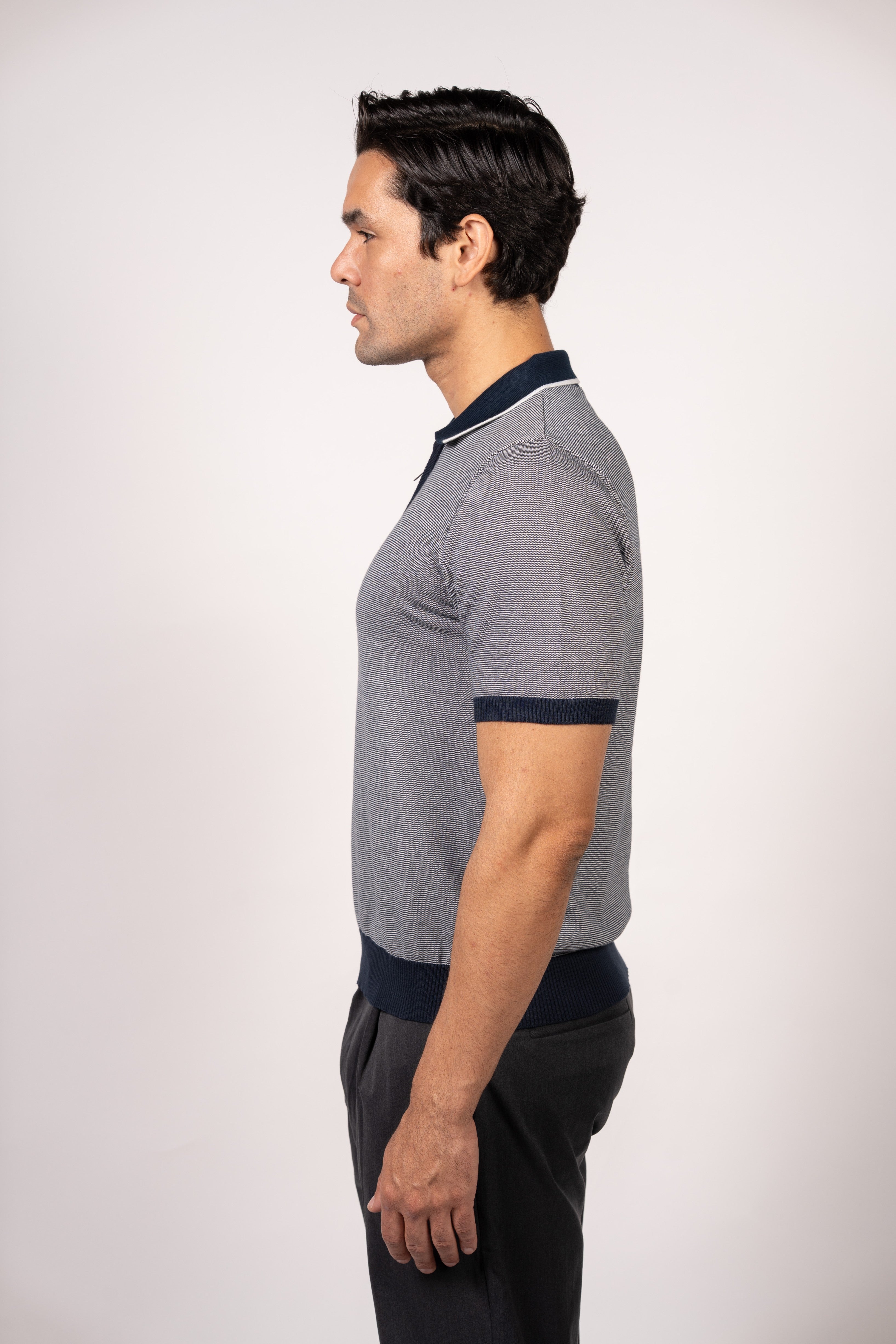 Patterned Knit Zipper Polo-Navy