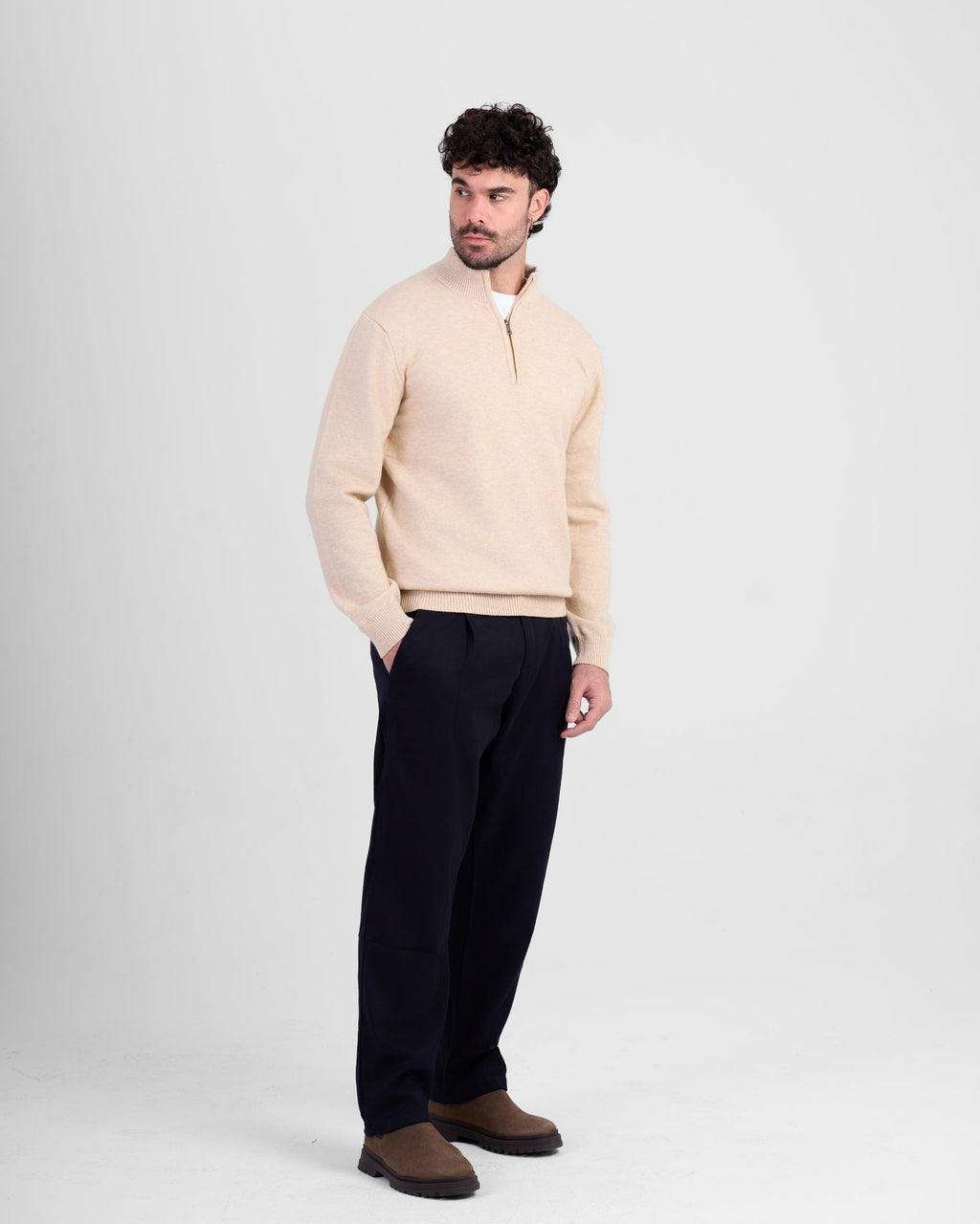 Wool Blend Quarter Zip - Beige