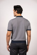 Patterned Knit Zipper Polo-Navy