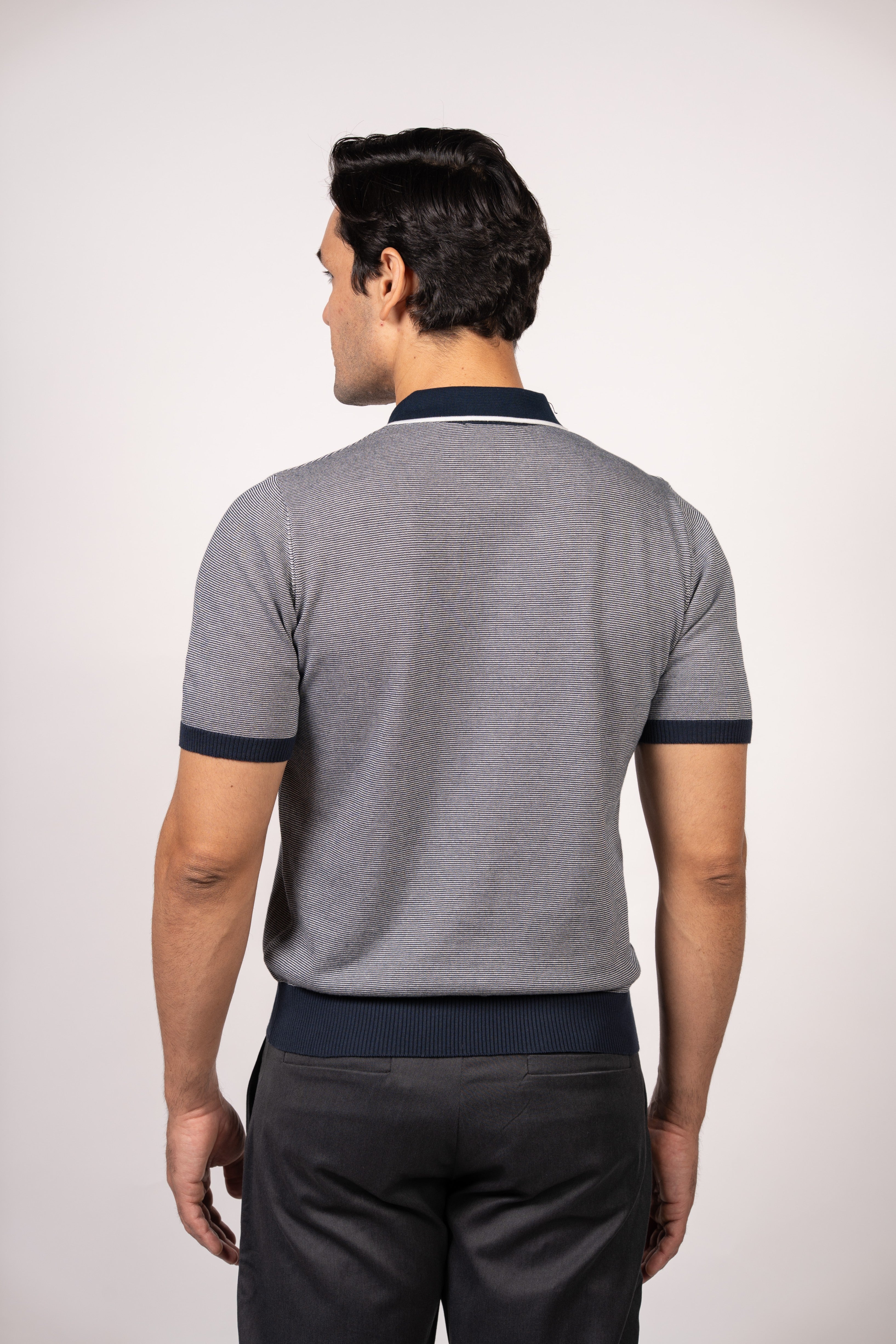 Patterned Knit Zipper Polo-Navy
