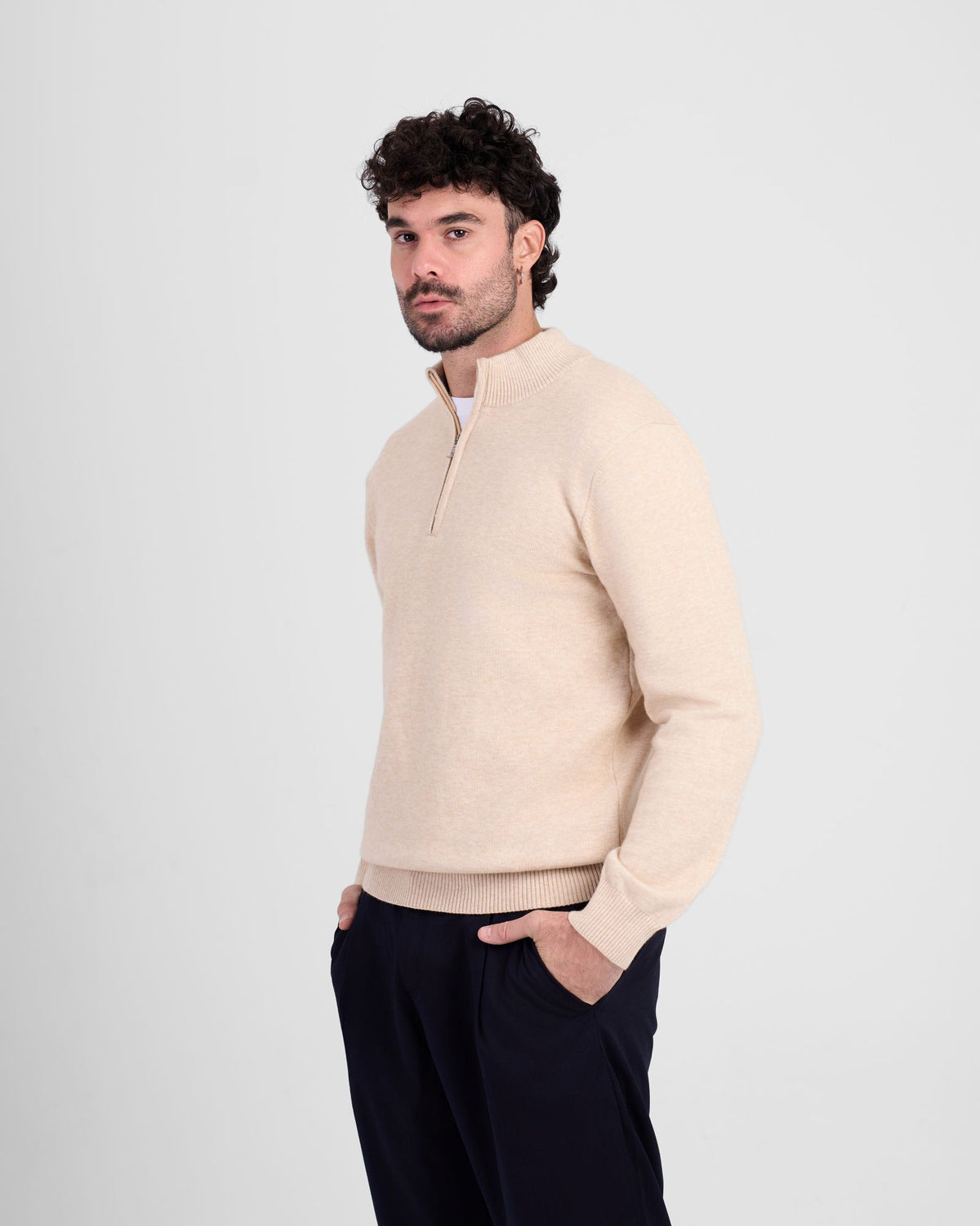 Wool Blend Quarter Zip - Beige