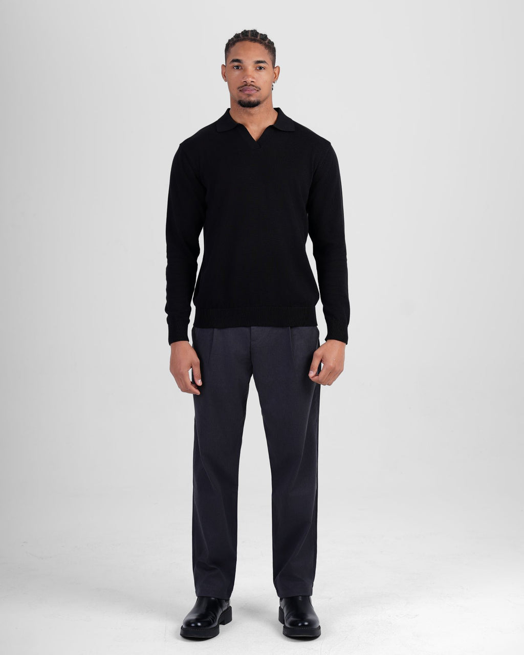 Long Sleeve Knit Polo - Black