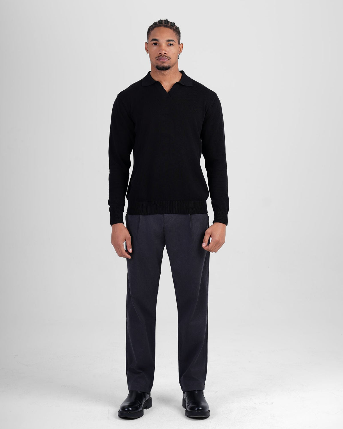 Long Sleeve Knit Polo - Black