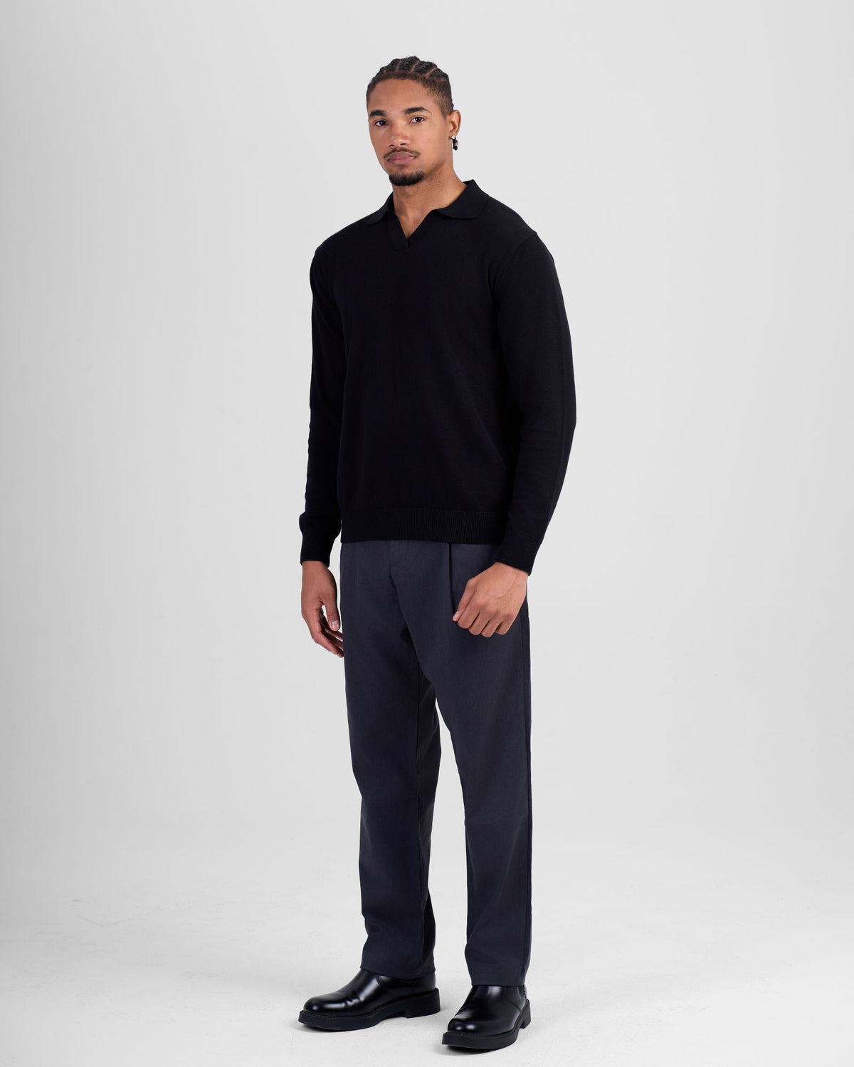 Long Sleeve Knit Polo - Black