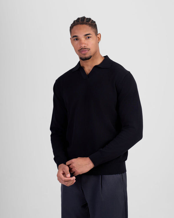 Long Sleeve Knit Polo - Black