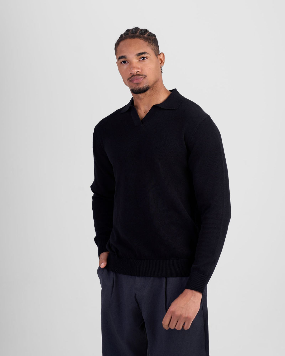 Long Sleeve Knit Polo - Black