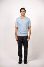 Textured Open Collar Knit Polo-Baby Blue