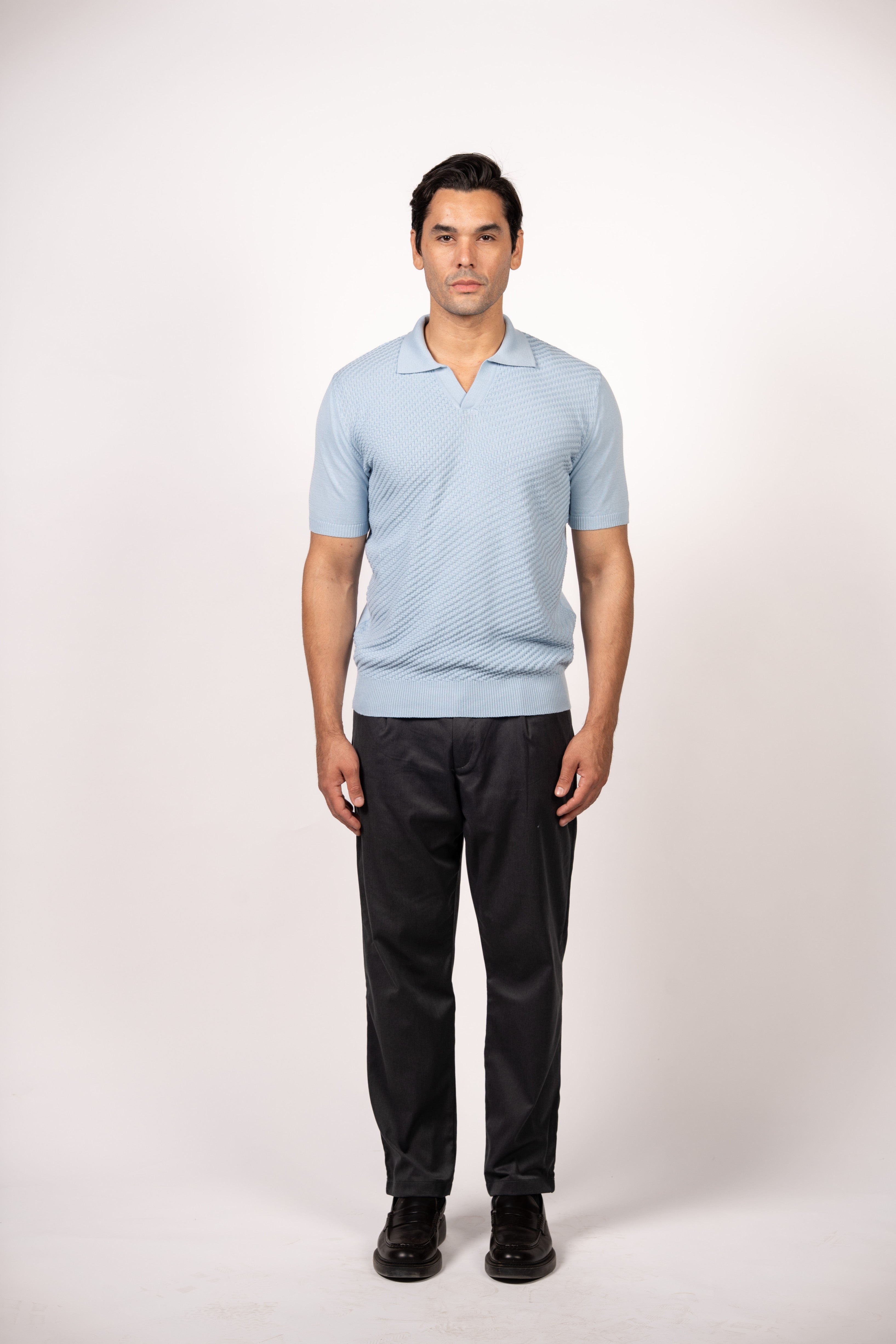 Textured Open Collar Knit Polo-Baby Blue