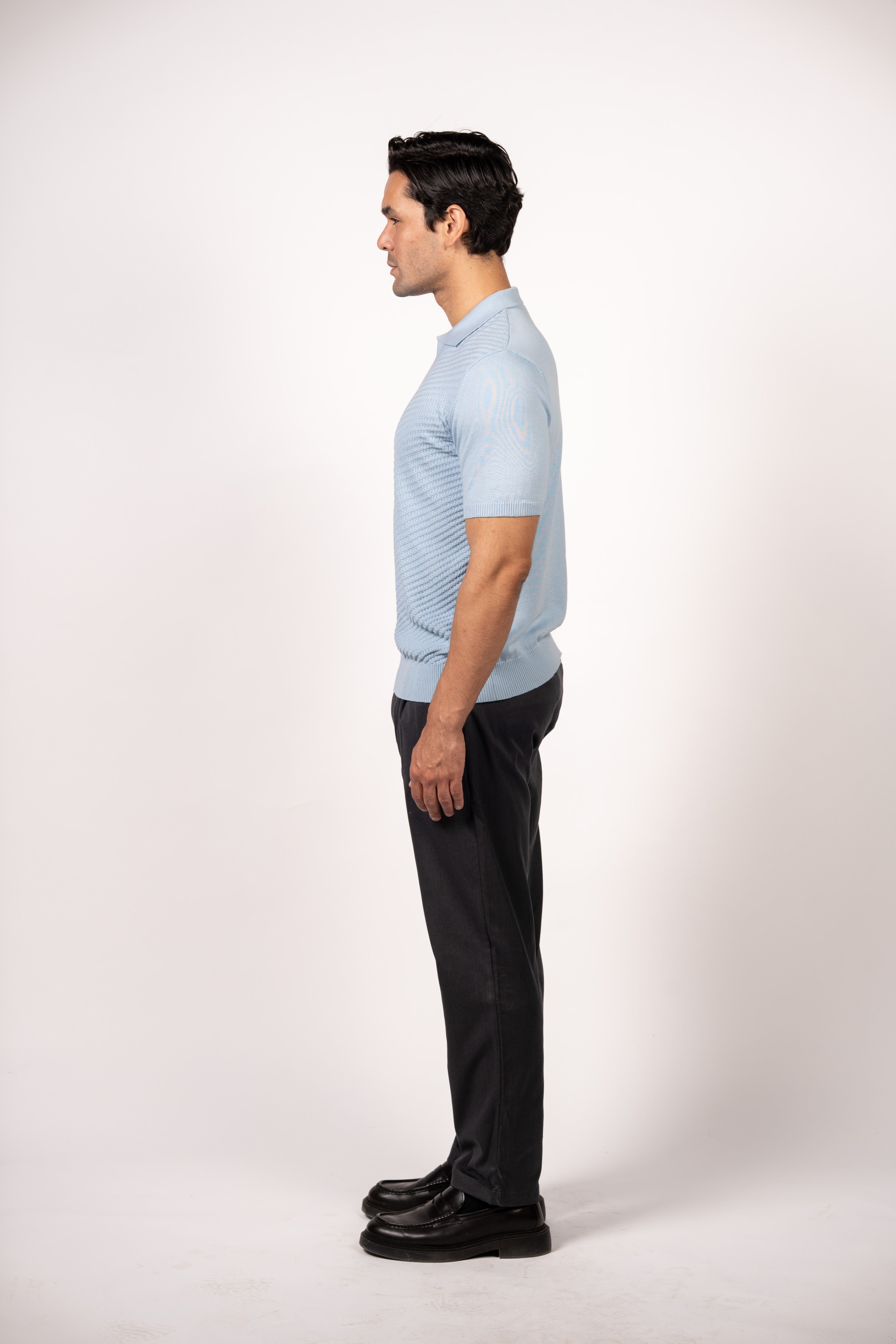 Textured Open Collar Knit Polo-Baby Blue