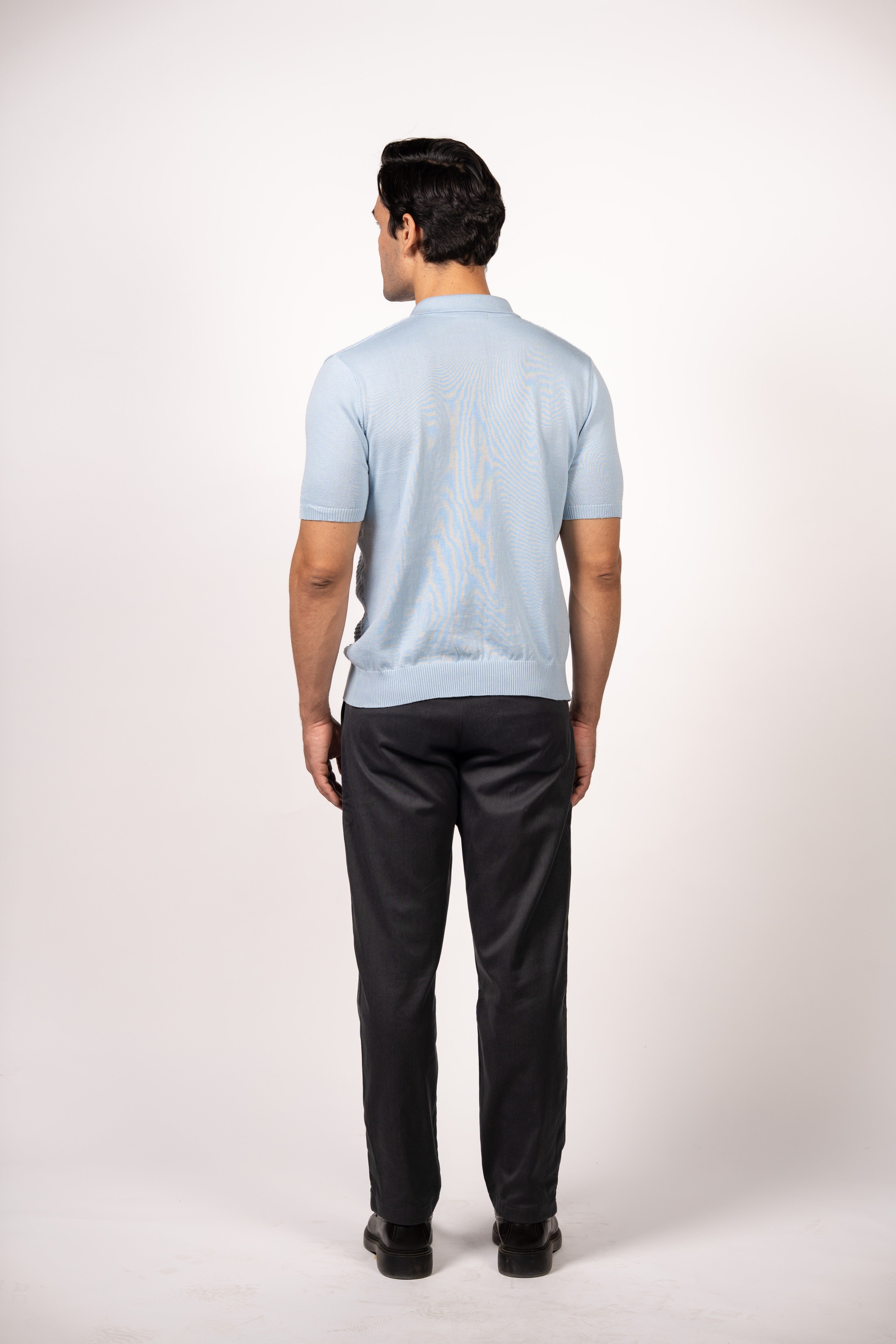 Textured Open Collar Knit Polo-Baby Blue