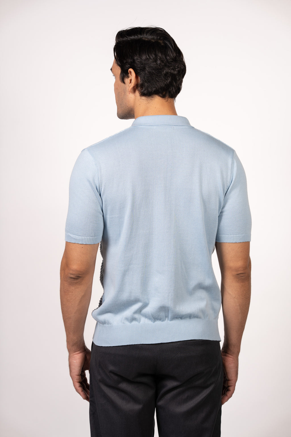 Textured Open Collar Knit Polo-Baby Blue