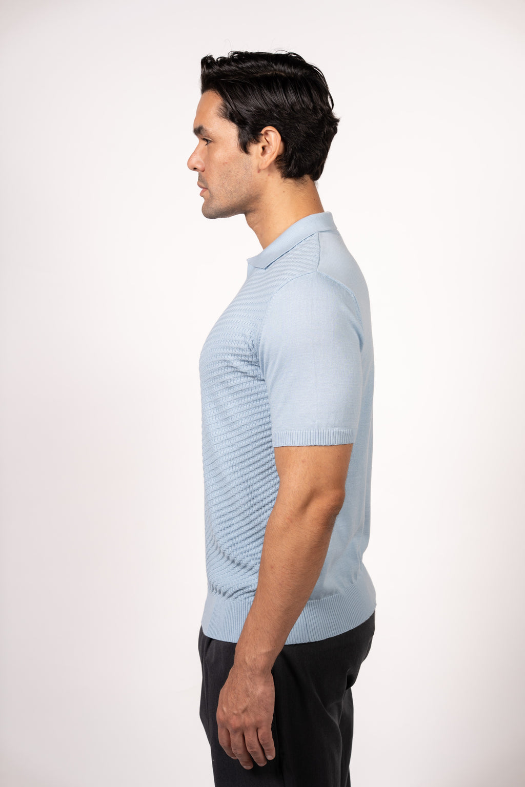 Textured Open Collar Knit Polo-Baby Blue