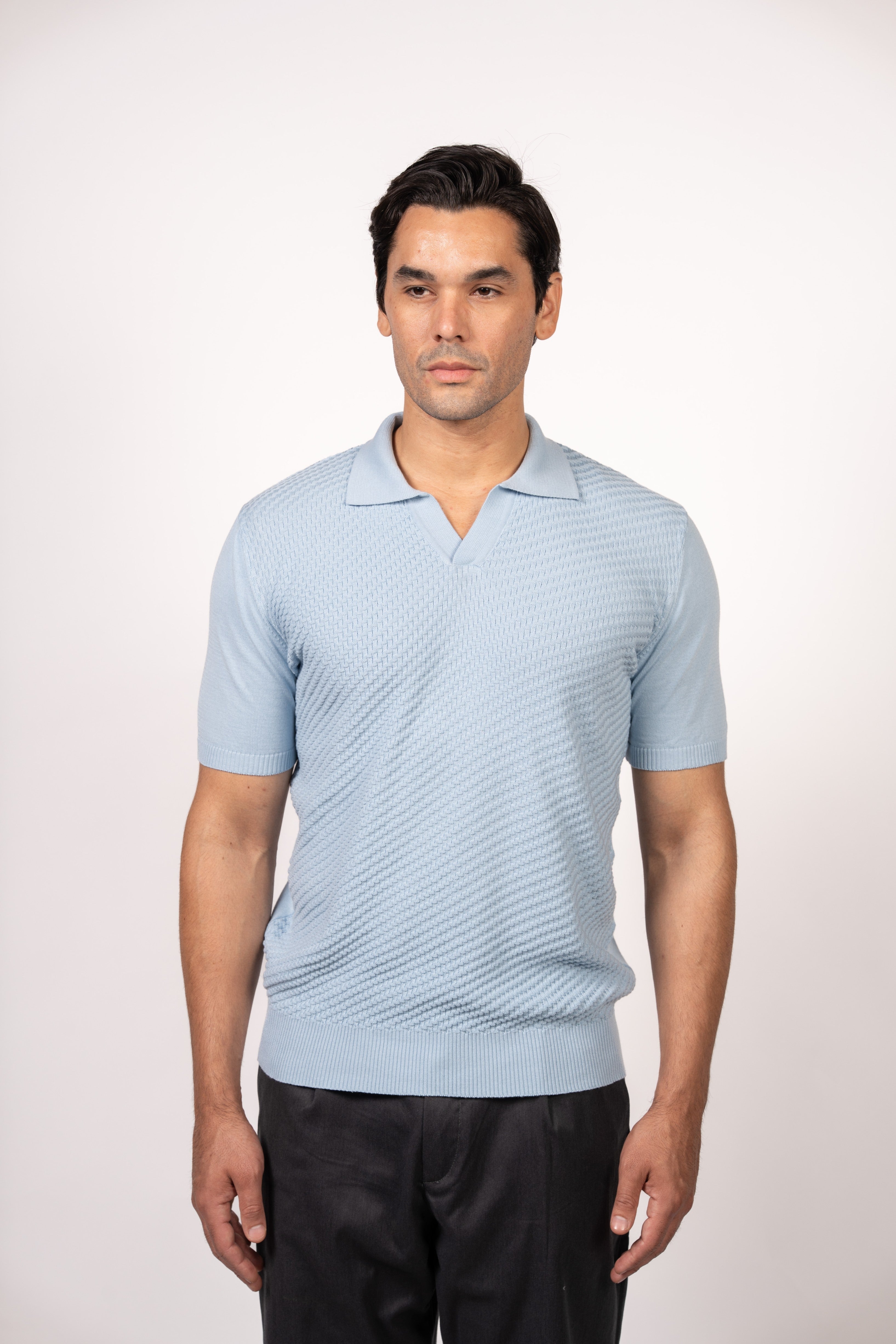 Textured Open Collar Knit Polo-Baby Blue
